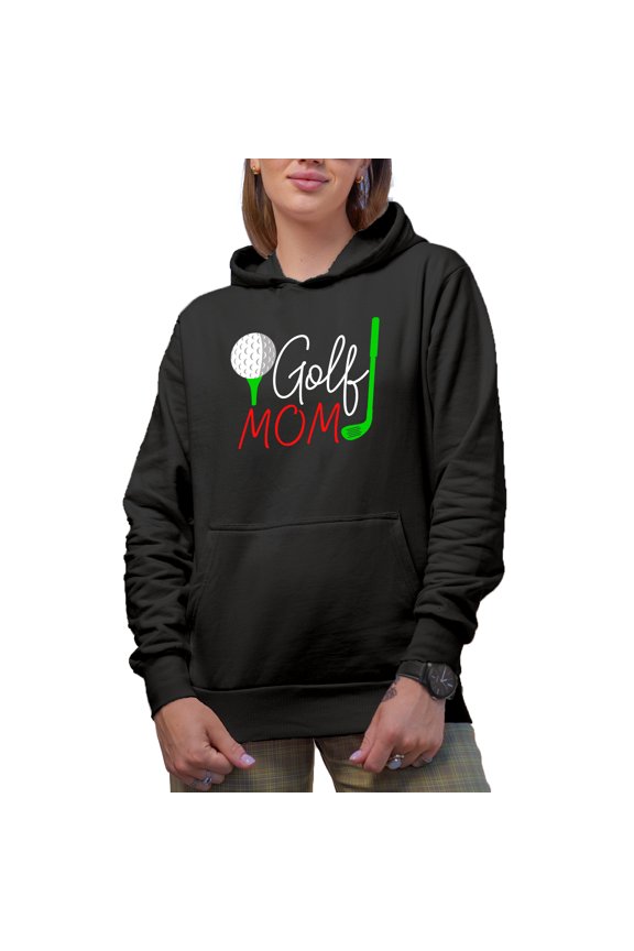 Golf Mom with a Ball & Club, Mother Golf Player, Golfing or Golfer Themed Merch Gift, Black Hooded Sweatshirt or Hoodie, Small