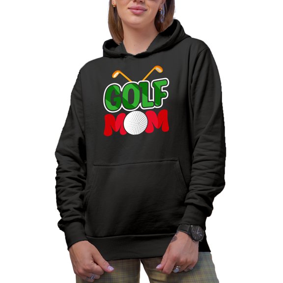 Golf Mom with a Ball & Clubs, Golf Player, Golfing or Golfer Themed Merch Gift, Black Hooded Sweatshirt or Hoodie, Small