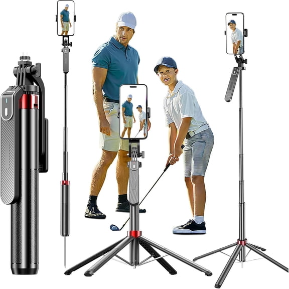 Golf Monopod and Tripod Selfie Stick to Record Golf Swing | 71" Etendable Cell Phone Tripod Stand with Spike, Wireless Remote, Golf Training Aid Compatible with iPhone Android & Cameras