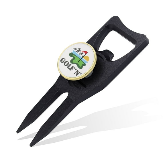 Golf'N Aluminum Golf Ball Divot Repair Tool - Magnetic Ball Marker, Groove Cleaner - Black