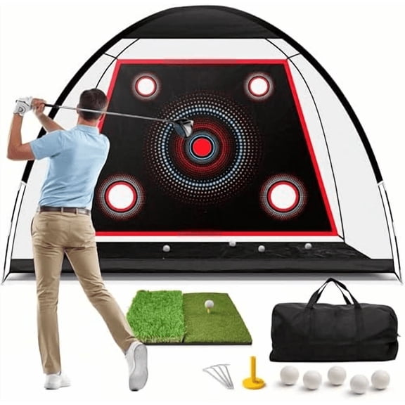 Golf Net - 10x7 ft Practice Net for Backyard Driving, Indoor Hitting Net with Mat, A   for Golfers or Dad - Golf  Aid