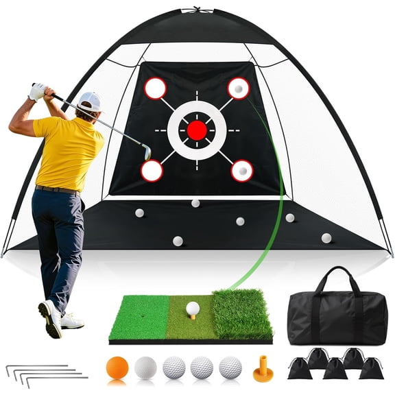 Golf Net 10x7FT All-in-One with Tri-Turf Practice Mat, Ball, Target & Carry Bag, Backyard & Indoor Outdoor Golf Hitting Net for Driving, Chipping, Swing Training, Golf Gift for Men, Dad, Him, Golfer