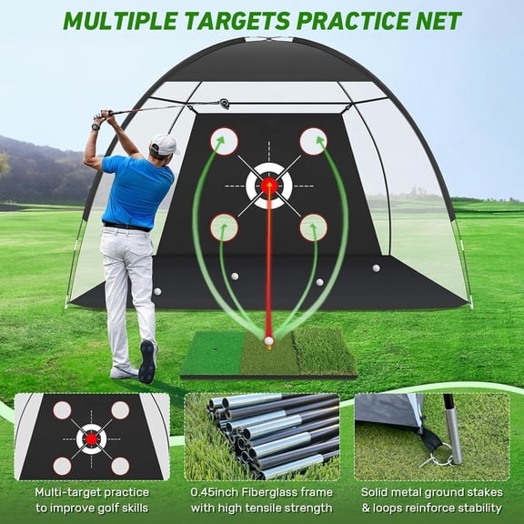 Golf Net, 10x7FT with Golf Practice Mat, Hitting Aid Nets for Backyard Driving Chipping Training Swing with Targets Outdoor or Indoor– Gifts for Men/Dad/Him