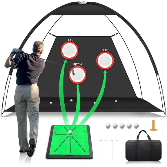 Golf Net, 10x7FT Golf Practice Net with Swing Mat, Golf Hitting Net for Backyard Driving, Indoor/Outdoor Chipping Aid Nets with Targets, Gifts for Men/Dad/Him