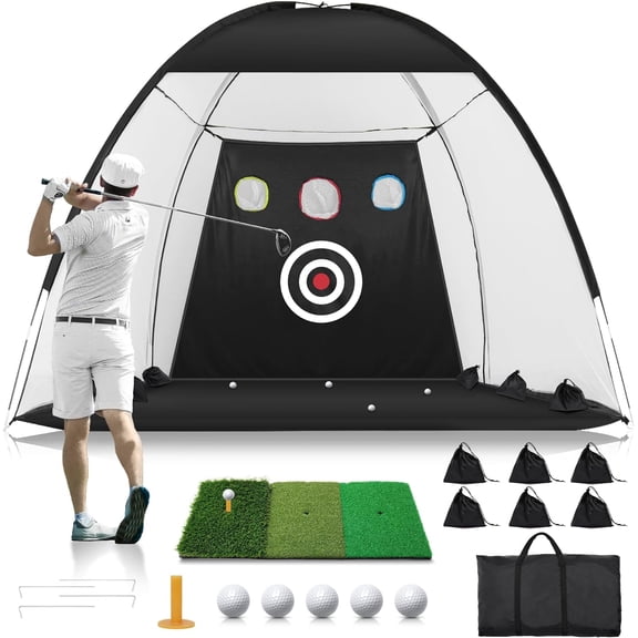 Golf Net: 10x7FT Nylon Golf Practice Net for Backyard Driving, Chipping, Indoor/Outdoor Golf Hitting Net Upgraded High Elastic Nylon Mesh with Tri-Turf GLF Mat and Targets, Gift for Men, Golf Lovers