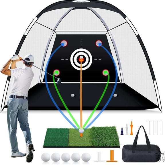 Golf Net with Practice Mat, 10 x 7 ft Golf Hitting Net for Outdoor Indoor Backyard Driving Chipping Swing Training, All-in-One Multi-Target Practice Nets, Gifts for Men Dad Him and Golfer