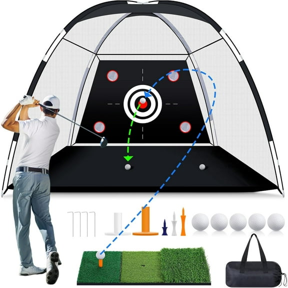 Golf Net with Practice Mat, 10 x 7 ft Golf Hitting Net for Outdoor Indoor Backyard Driving Chipping Swing Training, All-in-One Multi-Target Training Aid Practice Nets with Tri-Turf Mat