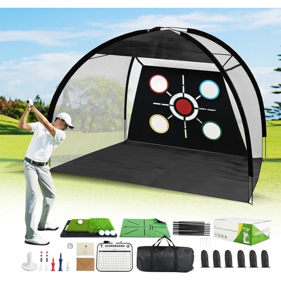 Golf Net, Pro-Grade 10x7 FT Practice Net Kit with 2-in-1 Replaceable Non-Slip Turf Mat, Golf Driving Nets for Backyard, Chipping Swing Training for Golfer Indoor/Outdoor