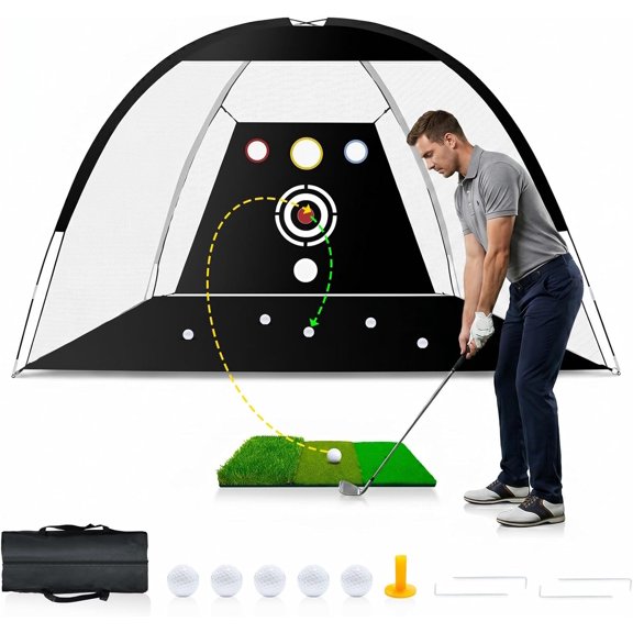 Golf Net - Upgraded All-in-One 10x7ft Golf Practice Net with 5 Real Balls, Tri-Turf Mat and Portable Bag, Durable Hitting Nets for Backyard Driving Swing Outdoor