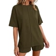 thumbnail image 1 of Golf Outfits for Women Women Fashion Solid Color Loose Short Sleeve Round Neck Trouser Pocket Shorts Pants Sets Green L, 1 of 4
