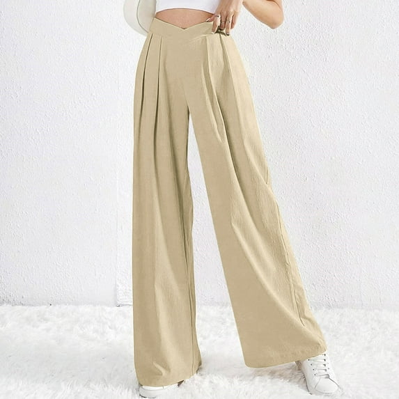 Golf Pants Women Women's Dress Linen Pants Wide Leg Pleated Suit Pants High Waist Flowy Summer Loose Casual Work Trousers with Pockets Khaki M