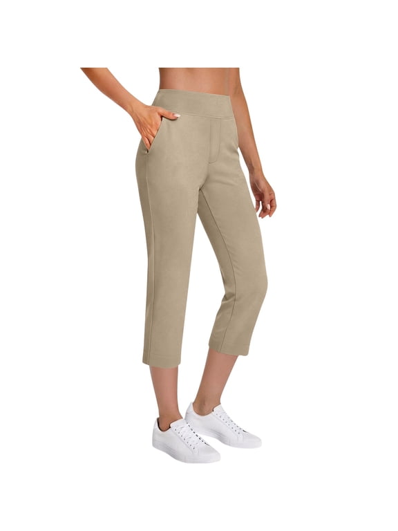 Golf Pants for Women High Waist Stretchy Athletic Capris Relaxed Casual Business Travel Trousers with Pockets Beige M