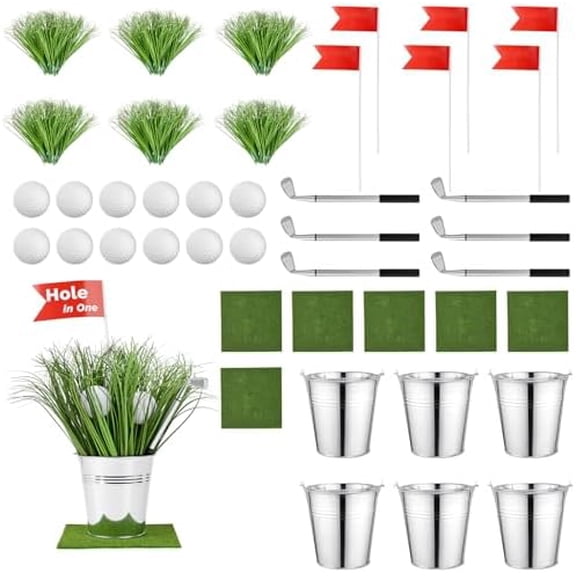 Golf Party Table Decorations Kit, 6 Set Reusable Golf Centerpieces for Table with Iron Buckets, Mini Clubs Flags & Artificial Grass, Golf Theme Decorations for Birthday Sport Party Supplies