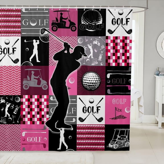 Golf Pink Sports Game Kids Girls Shower Curtain Gaming Patchwork Bathroom Accessories Athlete Pixel Geometric Waterproof Bath Curtain