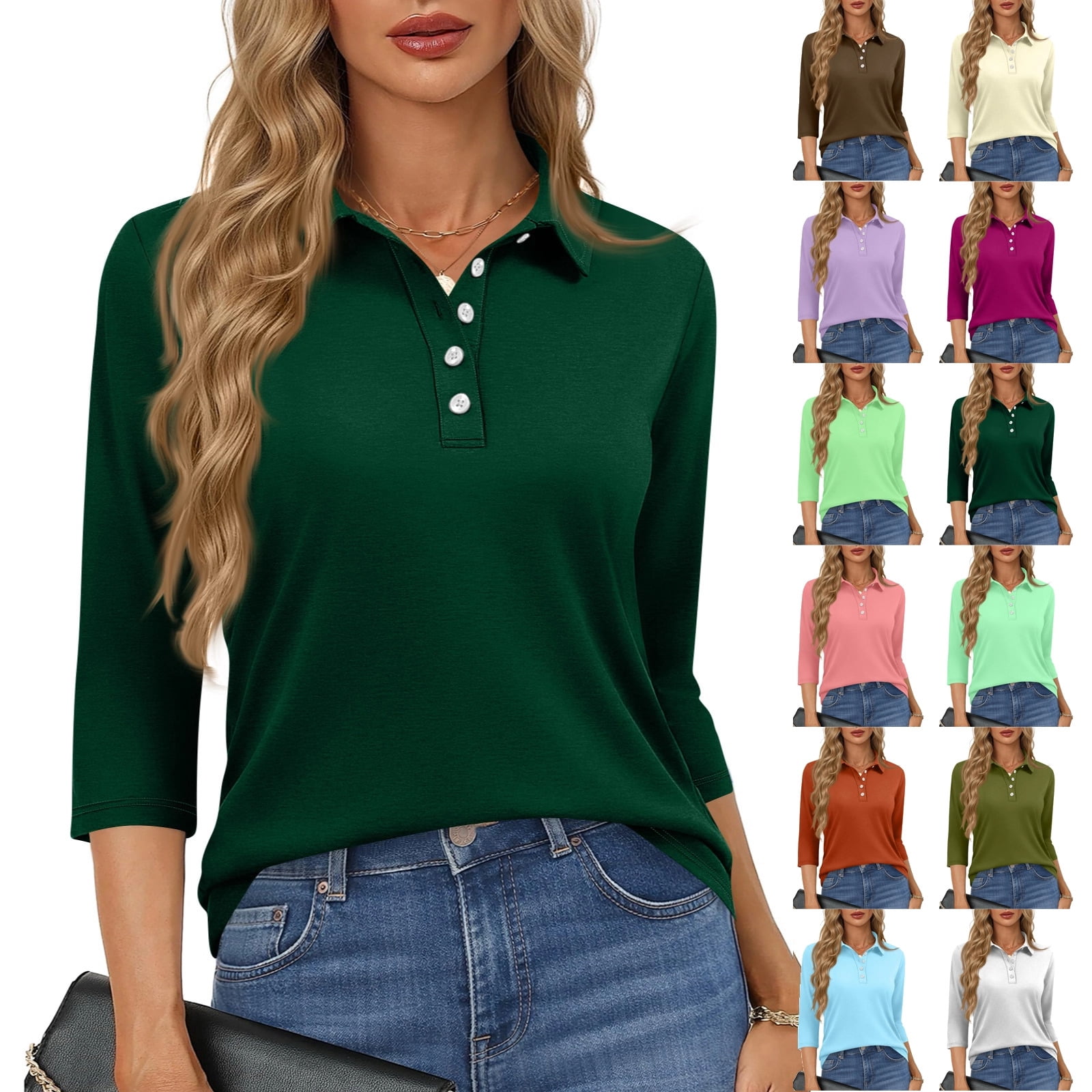 Golf Polo Shirts for Women 3/4 Sleeve Collared Shirts Moisture Wicking ...