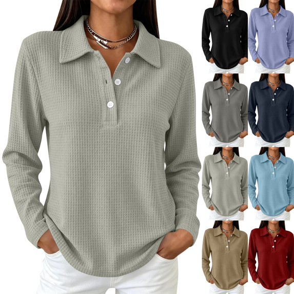 Golf Polo Shirts for Women Long Sleeve Trendy Button Down Waffle Textured Top Dressy Fashion Solid Color Fall Tops,M,Gray