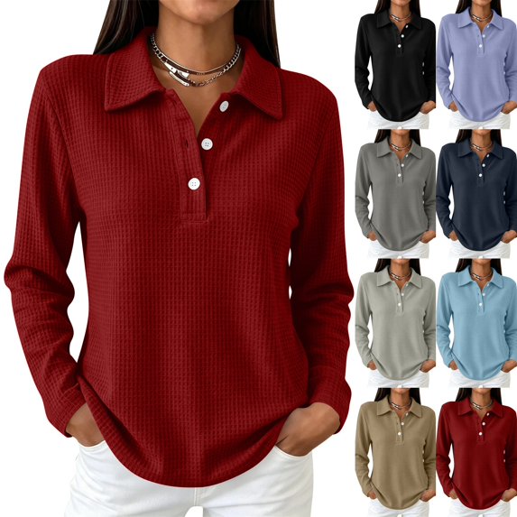 Golf Polo Shirts for Women Long Sleeve Trendy Button Down Waffle Textured Top Dressy Fashion Solid Color Fall Tops,M,Wine