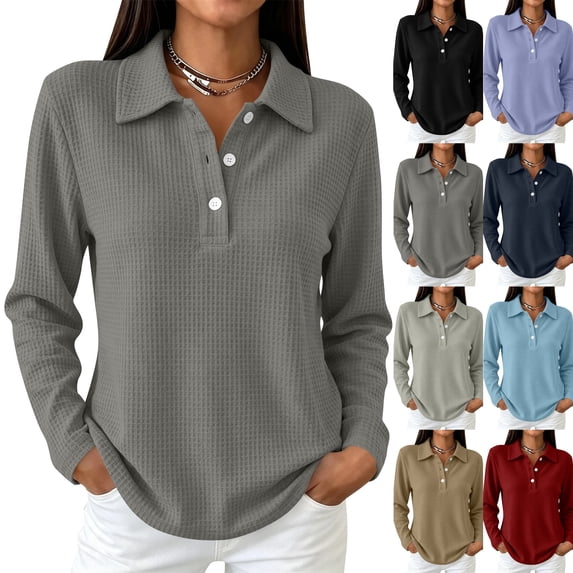 Golf Polo Shirts for Women Long Sleeve Trendy Button Down Waffle Textured Top Dressy Fashion Solid Color Fall Tops,XL,Dark Gray
