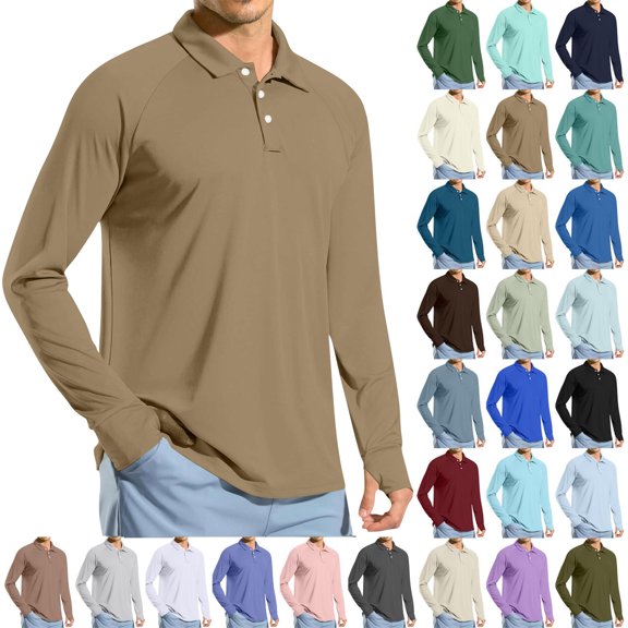 Golf Polos Shirts for Men Sun Protection Solid Color Turn-down Collar With Thumb Holes Golf Shirt