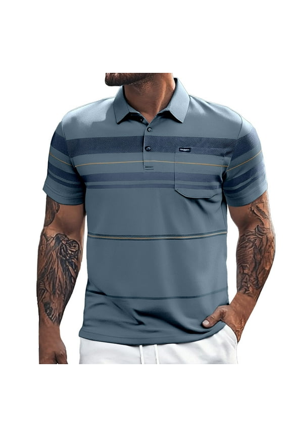 Golf Polos for Men Shirts Color Blocked Striped Lapel Button Open Neck Pocket Casual Loose Trendy Business Short Sleeved Men'S Clothing