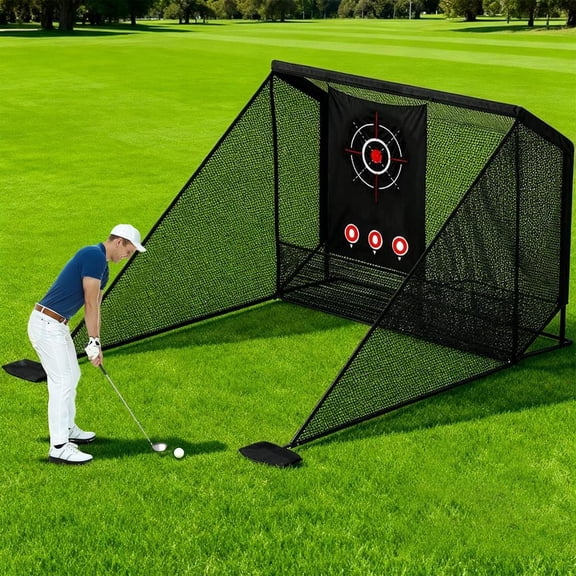 Golf Practice Hitting Net 10x7ft Heavy Duty for Real Balls, Portable Driving Net with Ball Return System and Silent Impact Target, for Backyard Training Range