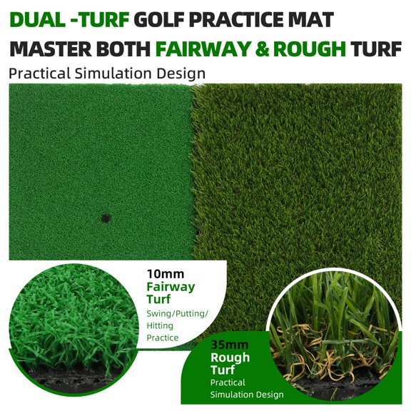 Golf Practice Mat for Swing, Putting & Chipping | Dual-Turf Training Mat with 8 Tees