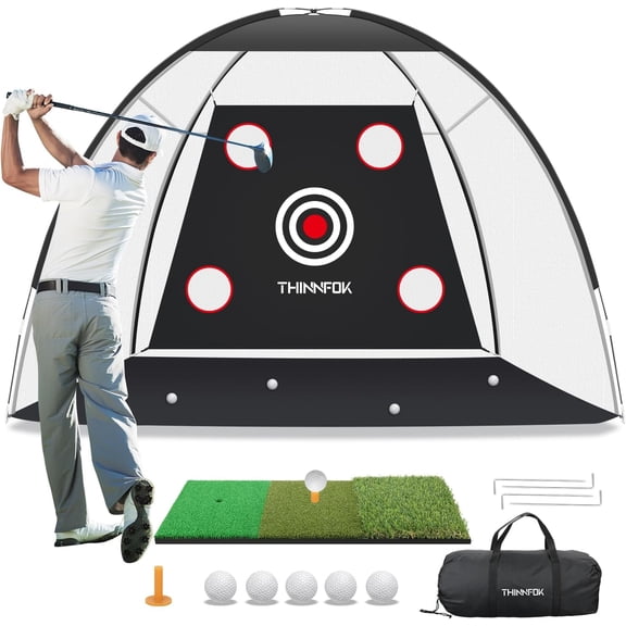 Golf Practice Net 10x7FT with Tri-Turf Mat Tees Real Balls | For Backyard Driving Chipping Swing Training with Noise Reduce Impact Resistance Target, Indoor Outdoor Gifts for Men Dad