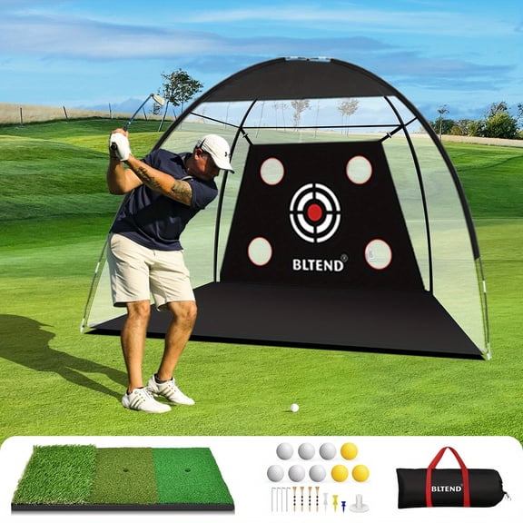 Golf Practice Net 10x7ft with Mat, 11 Tees & 9 Balls - Indoor Outdoor Hitting Training Net for Backyard Driving, Perfect Golf Gift for Men