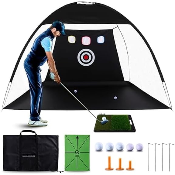 Golf Practice Net with Dual Mats, 3 Tees & 5 Balls Golf Training Net for Indoor/Outdoor Swing Practice, Backyard Driving & Chipping Set, Portable Training Aid, Great Gift for Men