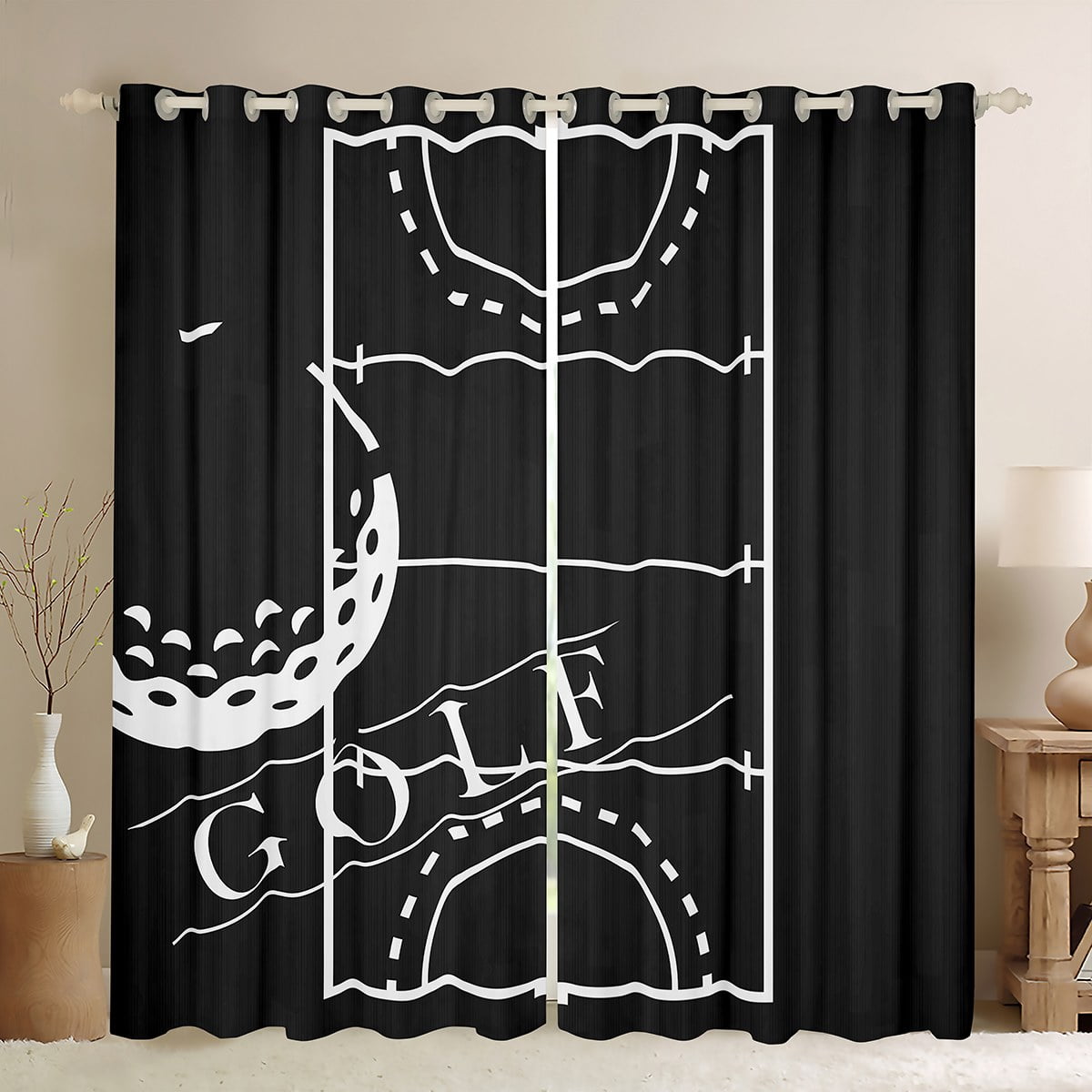 Golf Print Blackout Curtains for Men Sports Theme Curtains, Black White