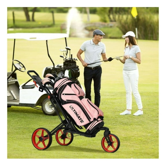Golf Push Cart 3 Wheel Folding - Adjustable Handle & Scoreboard - Lightweight Aluminum Frame, Ball Bearing Wheels, Cup Holder - Compact Storage for Easy Transport