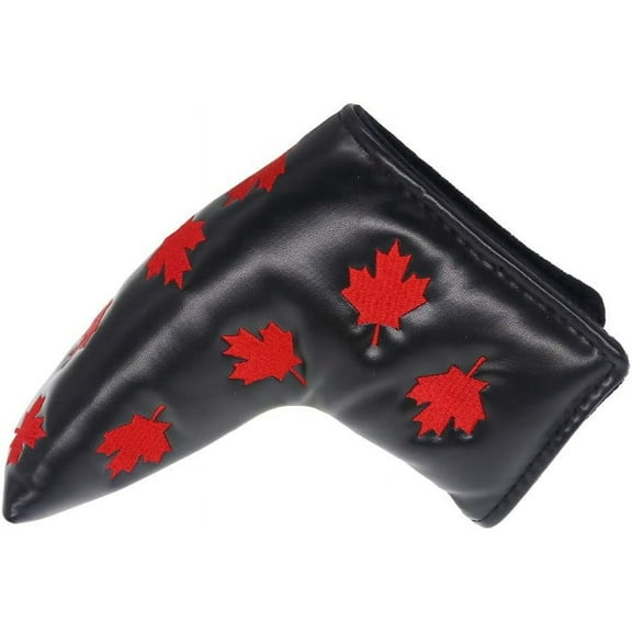 Golf Putter Head Cover Red Maple Leaf with V- Closure PU Leather for Golf Putter Club Blade Cover