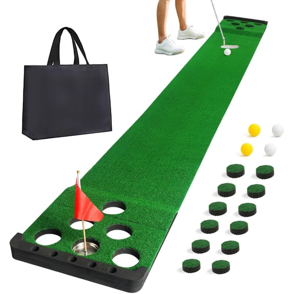 Golf Putting Game Set with Front Border for Indoor & Outdoor,Golf Putting Green Mat Include 4 Balls,1 Portable Bag,2 Flags&Cups,Practice Training Aid for Backyard,Party,Office