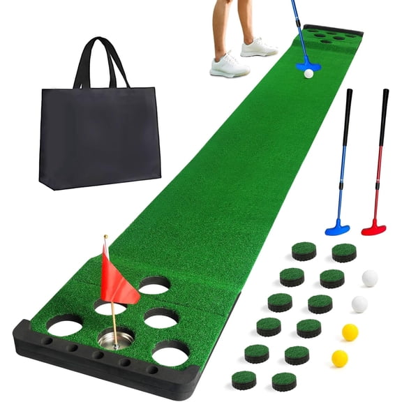 RINREA Golf Putting Game Set with Front Border for Indoor & Outdoor,Golf Putting Green Mat Include 4 Balls,1 Portable Bag,2 Flags&Cups,Practice Training Aid for Backyard,Party,Office