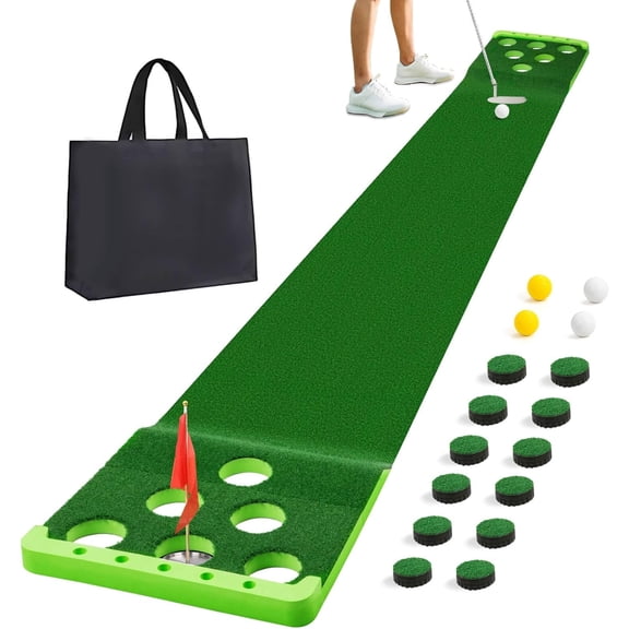 RINREA Golf Putting Game Set with Front Border for Indoor & Outdoor,Golf Putting Green Mat Include 4 Balls,1 Portable Bag,2 Flags&Cups,Practice Training Aid for Backyard,Party,Office