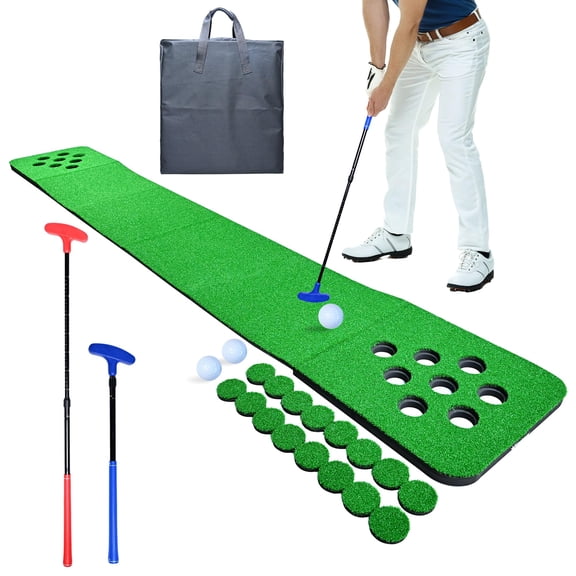 Golf Putting Game Set For Indoor & Outdoor Portable Pong Green Mat With 2 Putters 2 Balls 16 Hole Covers 1 Storage Bag Home Backyard Office Party Great Gifts Men