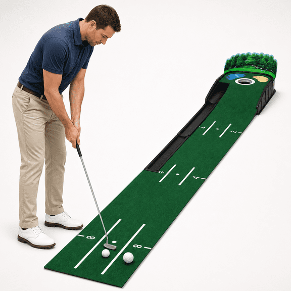 Himnout 8 ft Indoor Golf Putting Mat with Ball Return, Alignment Guides and 3D Backboard for Home and Office Practice