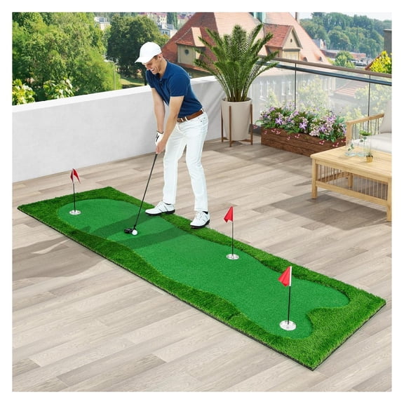 Golf Putting Green Mat 10x5FT Artificial Grass Practice Set with 3 Holes, 3 Flags, and Cups; Realistic Turf Training Aid for Indoor Outdoor Home Backyard Golf Skill Improvement