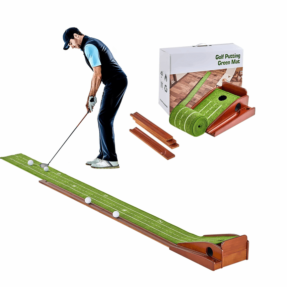Golf Putting Mat 1 Hole Indoor Green, Auto Ball Return, Alignment Aid, Wood Base - Home Office Practice Gift