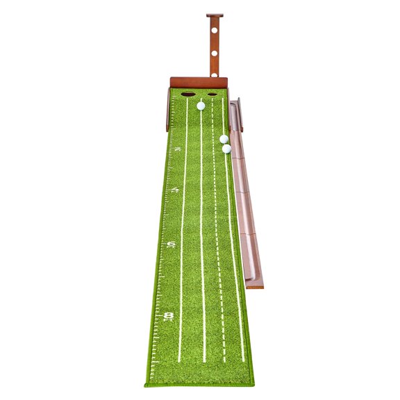 Golf Putting Mat, 2 Hole Indoor Golf Putting Green, Wrinkle-Free Golf Training Aid, Mini Golf Set with Auto-Ball Return, Alignment Guide, 3 Ball, Wood Base, Game Practice Gift for Home Office