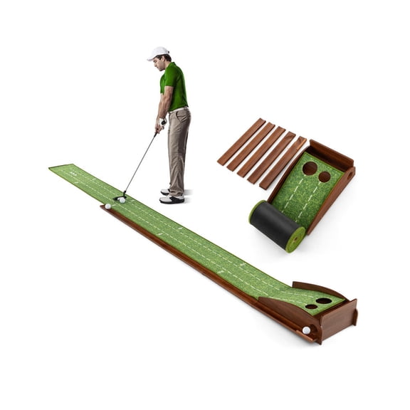 Golf Putting Mat with Auto Ball Return, 2 Hole Sizes, Nylon Surface, Wood Track