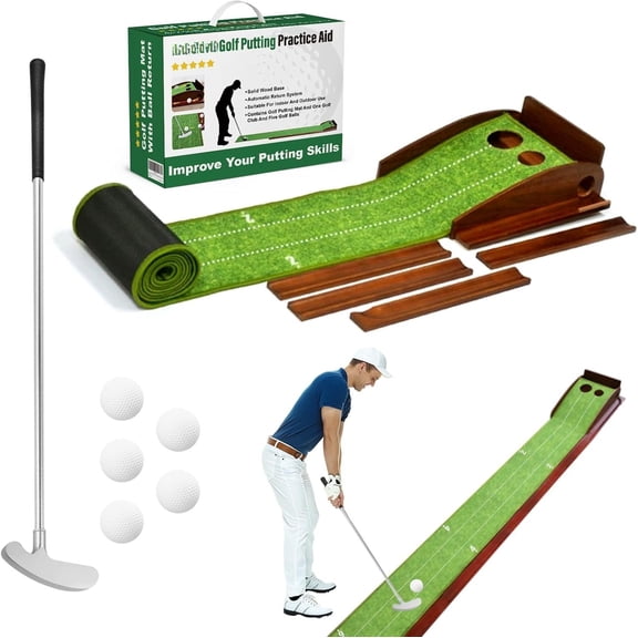 Golf Putting Mat with Ball Return, Practice Golf Putting Green Aid for Indoor, Outdoor at , Office, Backyard with Putter and 5 Balls 9.84 ft