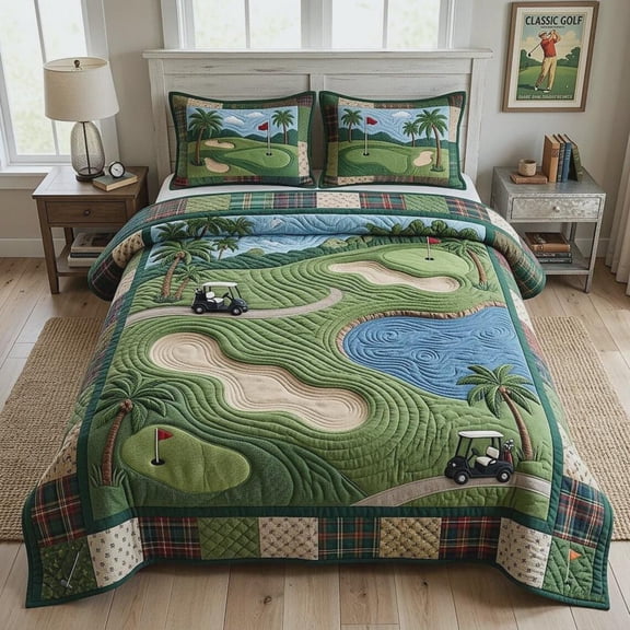 Golf Quilted 3-Piece Bedding Set, Golf Course Quilt, Country Club Bedspread