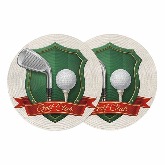 Golf Round 13 Inch Placemats Set of 2, Modern Red Green Sports Artwork on Linen HeatResistant Non Slip Place Mats for Dining Table, Wipeable Braided Kitchen Table Mats for Housewarming
