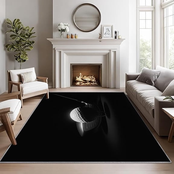 Golf Rugs for Man Cave -Black Golf Rug, Ball Sports Game Area Rug, Black and White Sports Washable Rugs for Living Room Bedroom, Boys 3D Ball Sport Home Decor & Gifts 1x2ft