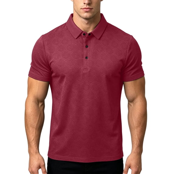 Golf Shirts For Men Short Sleeve Lapel Button Polos-Collared Texture Tops Casual Moisture Wicking Polos Shirt (2XL, Red)