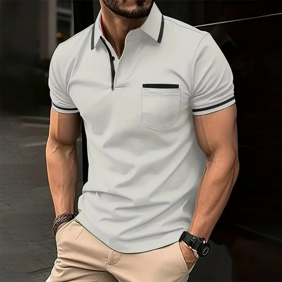 Golf Shirts for Men Color Block Pollover Men's Polo Shirts Short Sleeve Heathy Moisture Wicking Casual Collared Shirts Button Down with Pockets Polo T Shirts for Men