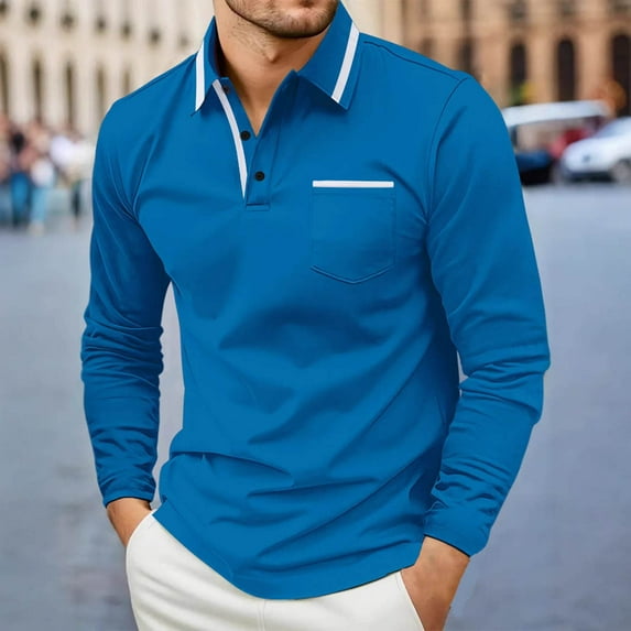 Golf Shirts for Men with Pocket Long Sleeve T-Shirts Mens Casual Color-Block Pullover Slim-Fit Button Collared Athletic Workout Tees Tops