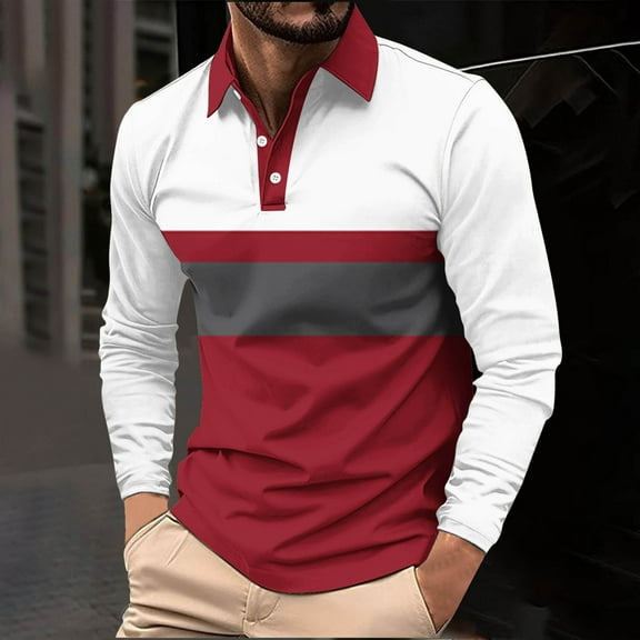 Golf Shirts for Men Big & Tall S-5X Long Sleeve Plus Size T-Shirts Button Collared Casual Pullover Breathable Color-Block Office Work Tshirts Tops
