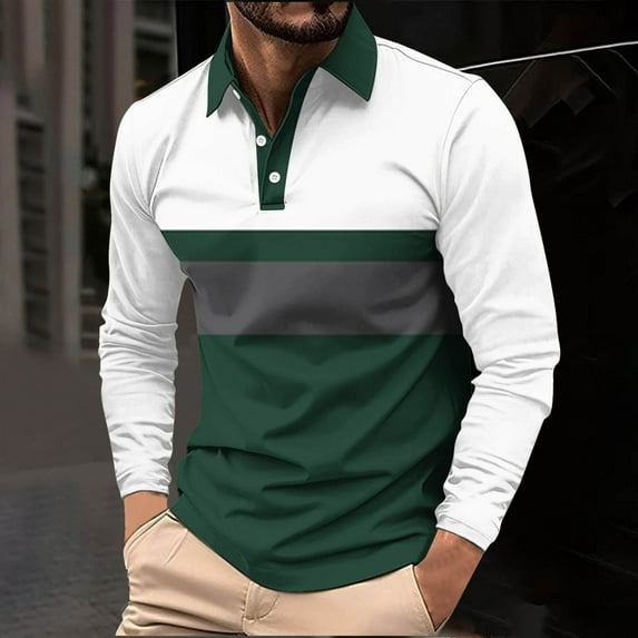 Golf Shirts for Men Big & Tall S-5X Long Sleeve Plus Size T-Shirts Button Collared Casual Pullover Breathable Color-Block Office Work Tshirts Tops